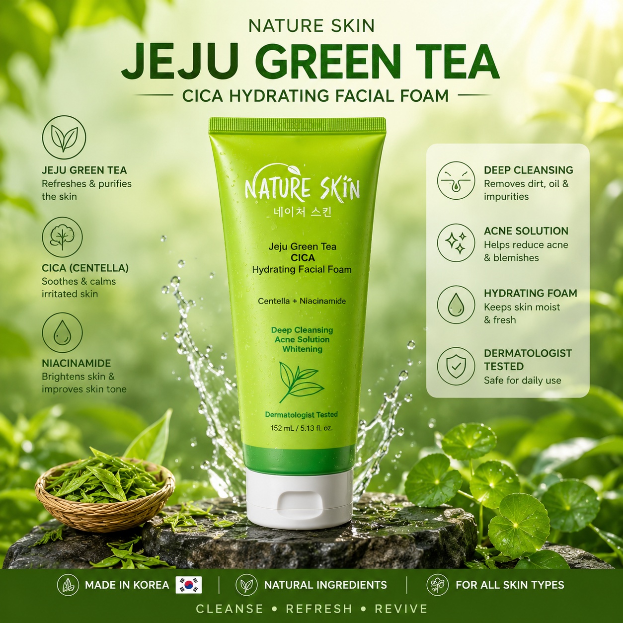 🌿 Nature Skin Jeju Green Tea CICA Facial Foam* *মেড ইন কোরিয়া 🇰🇷 | প্রাকৃতিক যত্নে গভীর ক্লিনজিং
