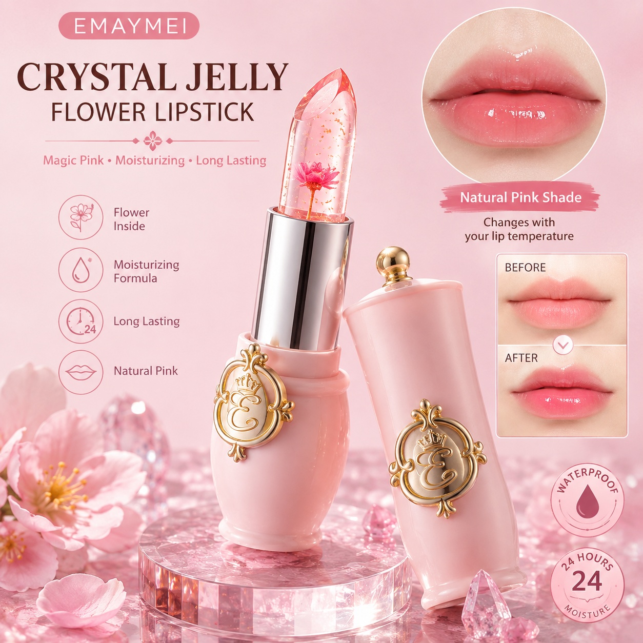 1Pcs Emaymei Transparent Jelly Lipstick, Waterproof Crystal Jelly Lipstick with Flower Inside