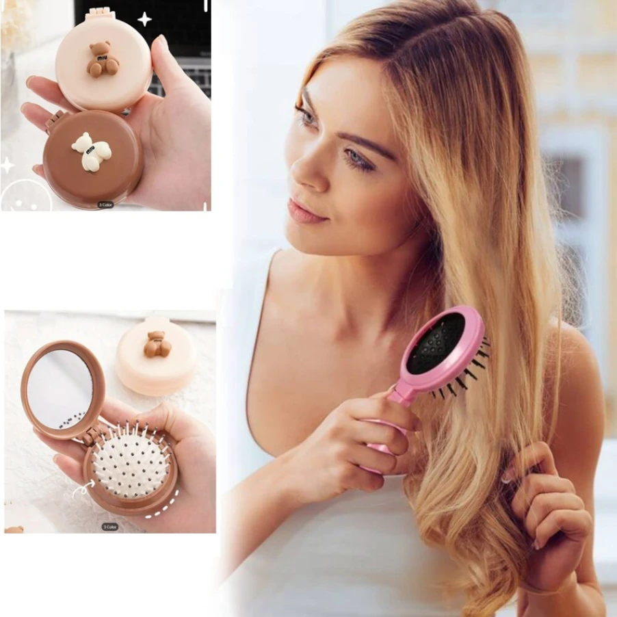 2 In 1 Folding Hair Brush with Mirror,Compact Travel Hair Brush, Portable Travel Brushes for Hair, Folding Hair Brush with Makeup Mirror, Round Hai.