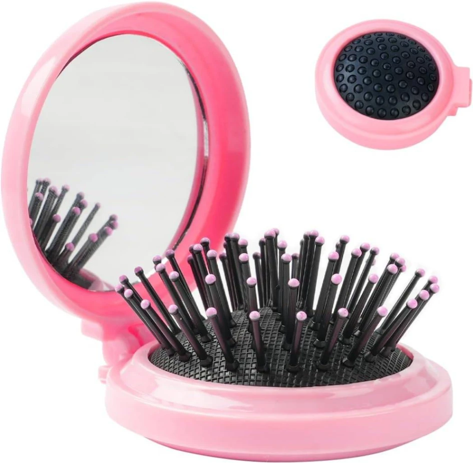 2 In 1 Folding Hair Brush with Mirror,Compact Travel Hair Brush, Portable Travel Brushes for Hair, Folding Hair Brush with Makeup Mirror, Round Hai. 2
