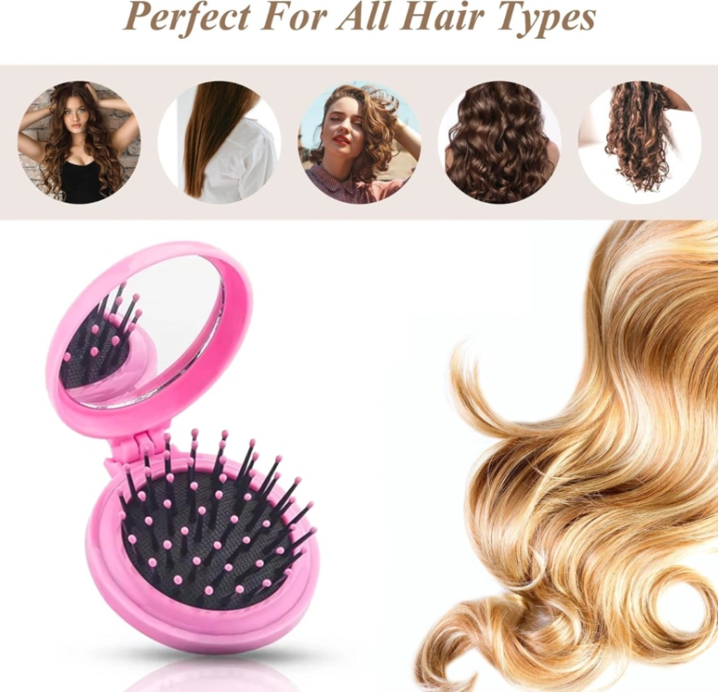 2 In 1 Folding Hair Brush with Mirror,Compact Travel Hair Brush, Portable Travel Brushes for Hair, Folding Hair Brush with Makeup Mirror, Round Hai. 3