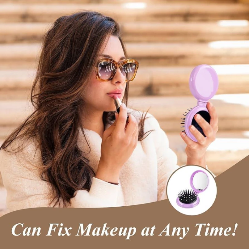2 In 1 Folding Hair Brush with Mirror,Compact Travel Hair Brush, Portable Travel Brushes for Hair, Folding Hair Brush with Makeup Mirror, Round Hai. 4